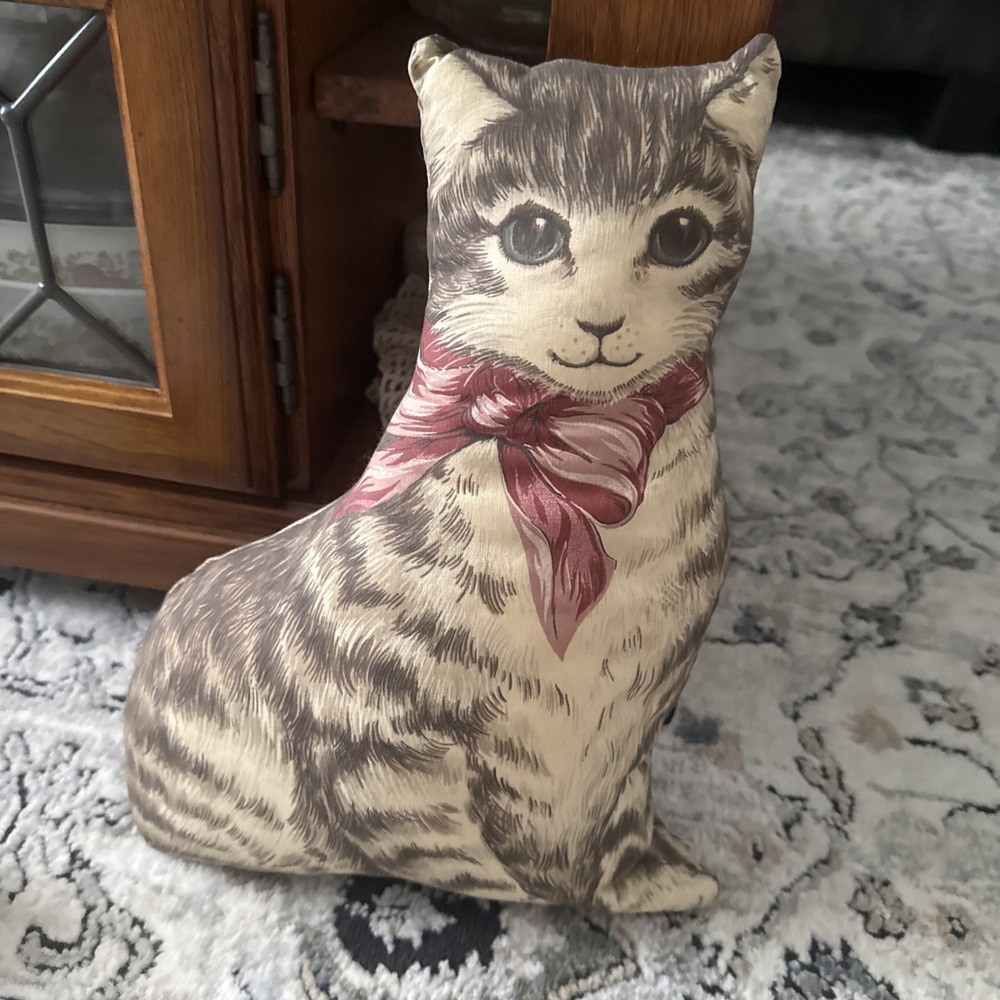 Vintage Tabby Cat Pillow Blue Eyes Pink Bow Brown Cat White Fur